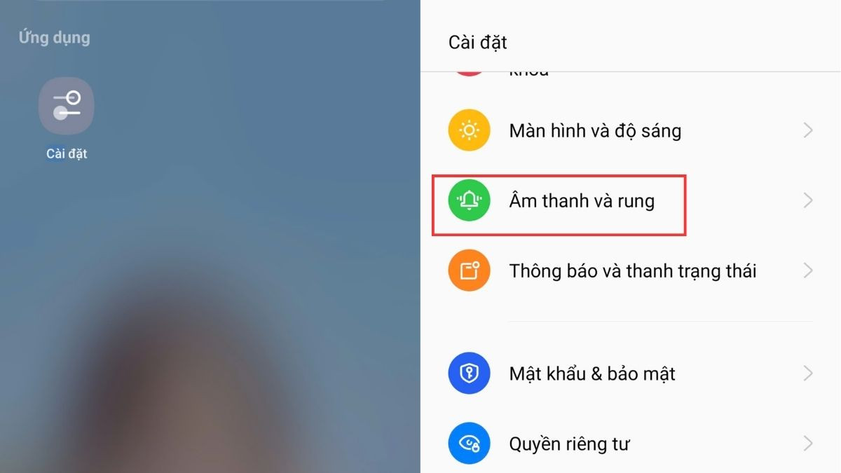 Hướng dẫn tắt âm bàn phím Samsung: chọn mục Âm thanh và rung trong cài đặt