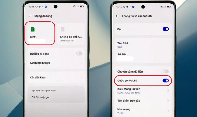 Giao diện chọn thẻ SIM và nút tắt Cuộc gọi VoLTE trên OPPO