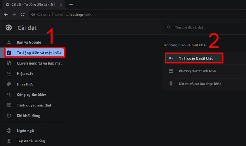 Chọn 'Tự động điền và mật khẩu', sau đó 'Trình quản lý mật khẩu' trong cài đặt Chrome trên máy tính.