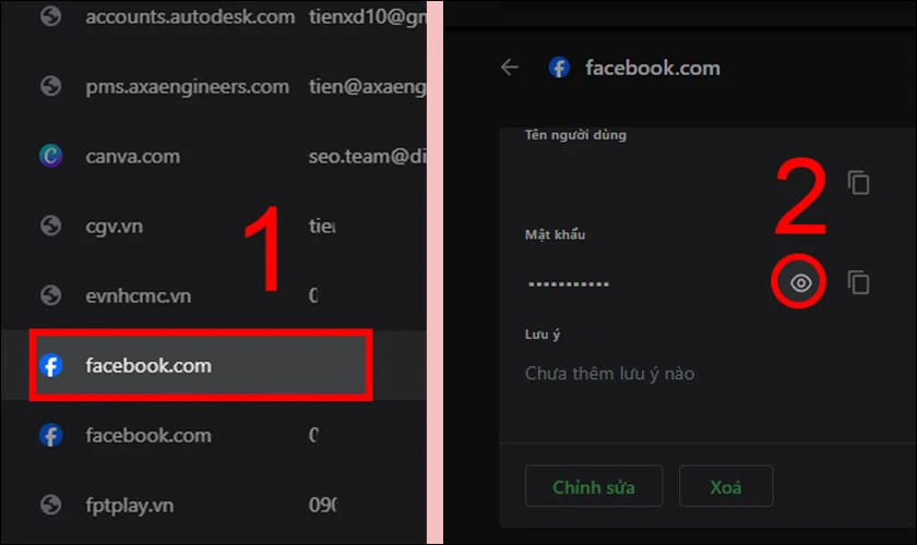 Chọn ứng dụng Facebook và biểu tượng hình con mắt để xem mật khẩu đã lưu trong Trình quản lý mật khẩu Chrome trên PC.
