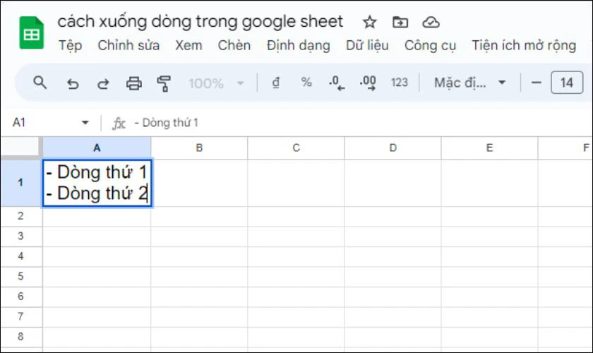 Kết quả xuống dòng văn bản trong một ô Google Sheets bằng phím tắt
