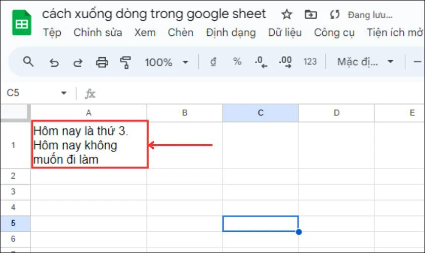 Kiểm tra kết quả xuống dòng tự động (Wrap Text) trong ô Google Sheets