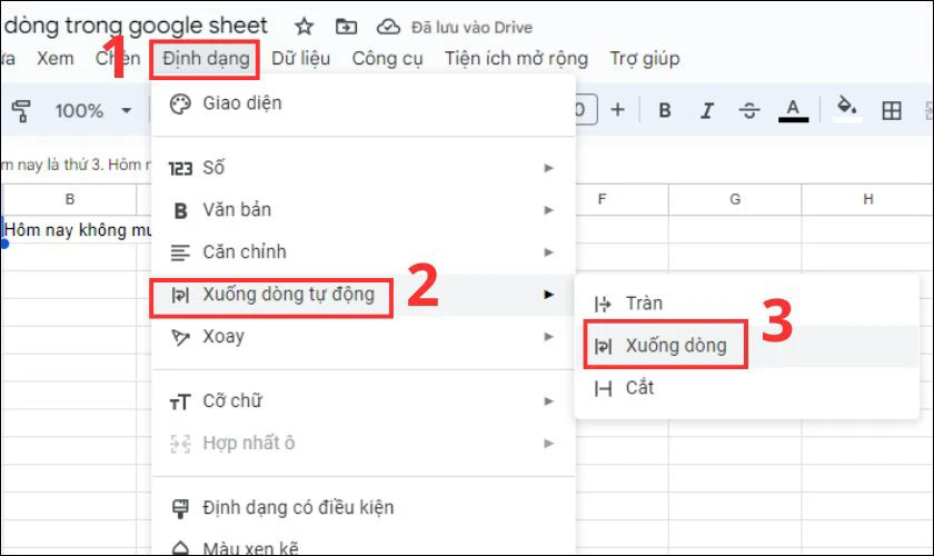Truy cập menu Định dạng để chọn tùy chọn xuống dòng tự động trong Google Sheets