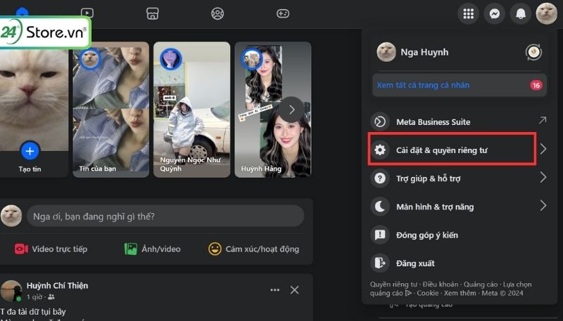 Chọn Cài đặt và quyền riêng tư từ menu Facebook trên máy tính