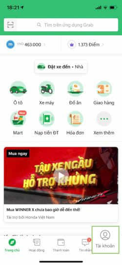 Minh họa chọn Tài khoản trong ứng dụng Grab để bắt đầu trò chuyện hỗ trợ