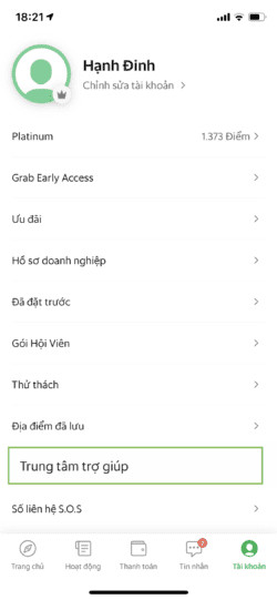 Màn hình ứng dụng Grab chọn mục Tài khoản để liên hệ tổng đài hỗ trợ