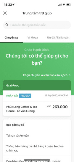 Màn hình Trung tâm trợ giúp của Grab để người dùng chọn vấn đề cần chat hỗ trợ