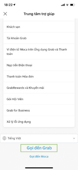 Giao diện Trung tâm trợ giúp của Grab, nơi khách hàng có thể tìm số điện thoại Grab