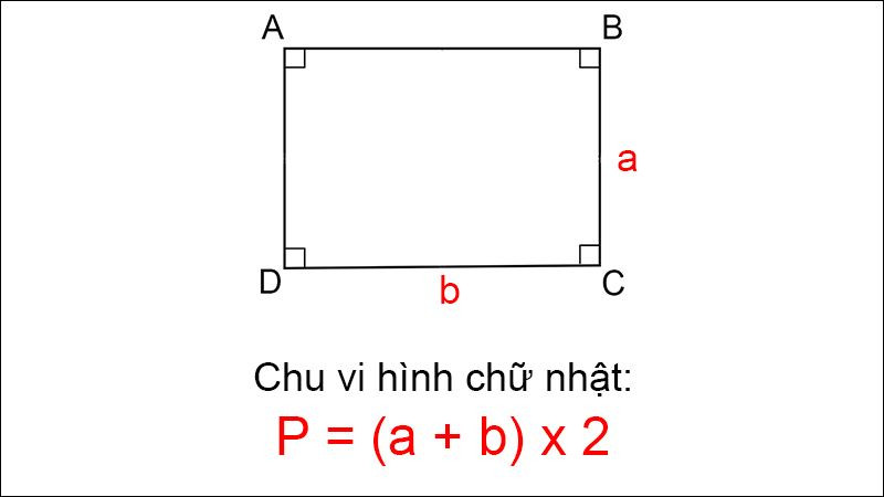 Minh họa công thức tính chu vi hình chữ nhật P = (dài + rộng) x 2