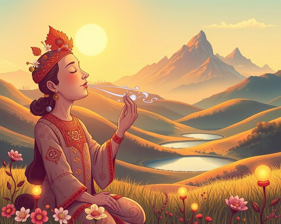 Bức tranh nghệ thuật biểu tượng về ý nghĩa văn hóa của hắt hơi, với các hình ảnh đa dạng từ nhiều nền văn minh