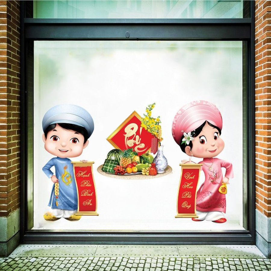 Mẫu decal trang trí Tết mầm non hình ảnh các bé mặc áo dài, chúc Tết ông bà
