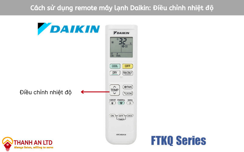 Điều chỉnh nhiệt độ tăng giảm trên remote máy lạnh Daikin bằng nút TEMP