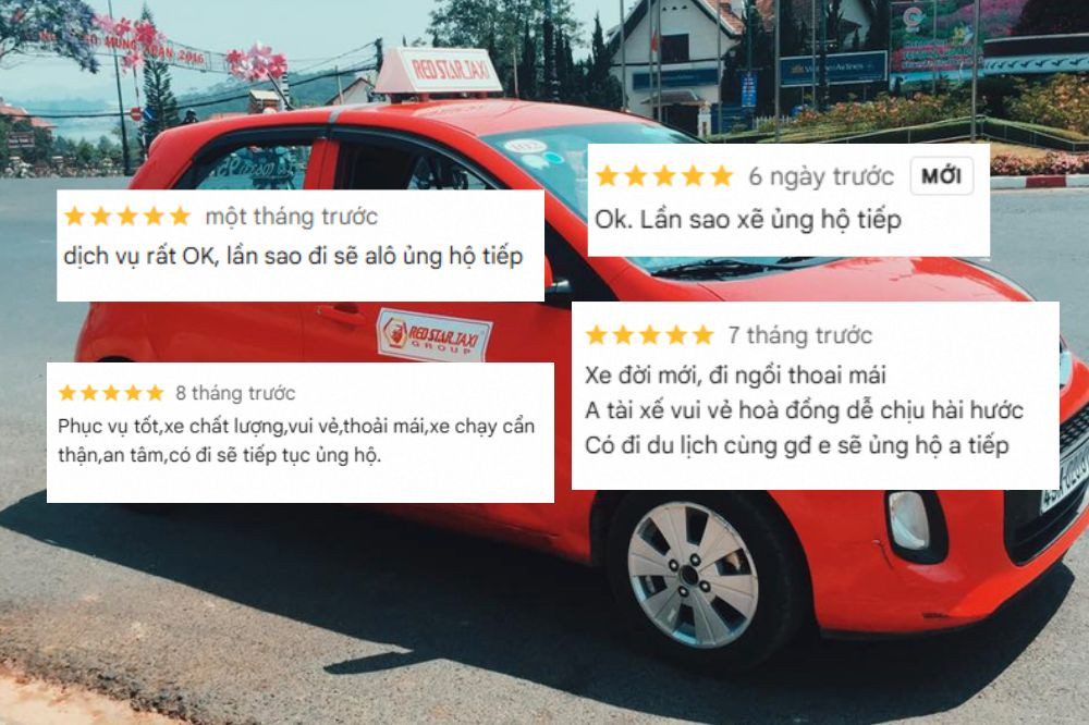 Hình ảnh tổng hợp những đánh giá tích cực của khách hàng về chất lượng dịch vụ của taxi Sao Đỏ