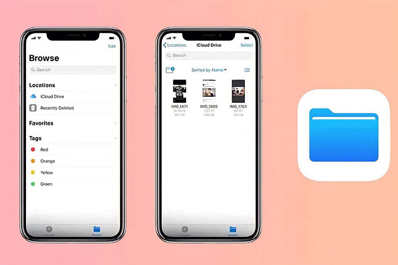 Ảnh minh họa giao diện ứng dụng Tệp trên iPhone, hiển thị các thư mục và file đã tải về.