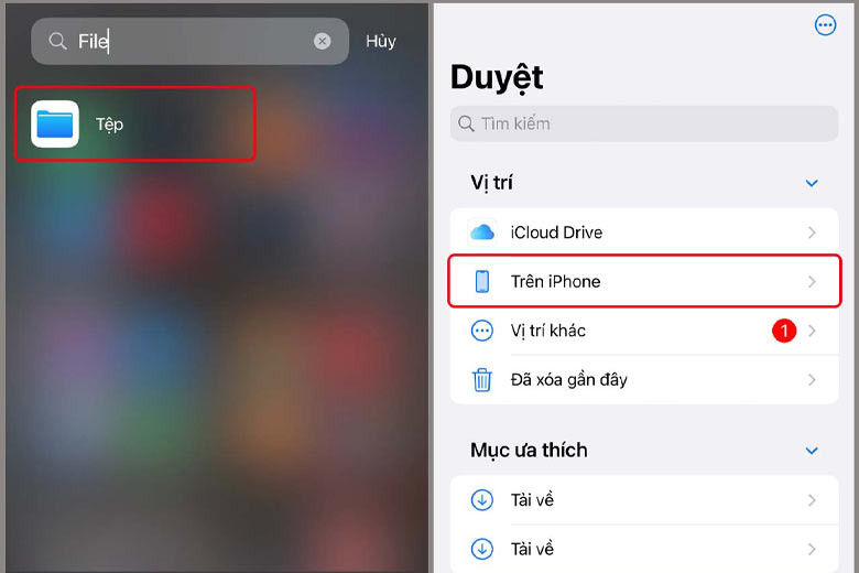 Giao diện ứng dụng Tệp trên iPhone, minh họa các bước chọn &quot;Duyệt&quot; và &quot;Trên iPhone&quot; để xem file.