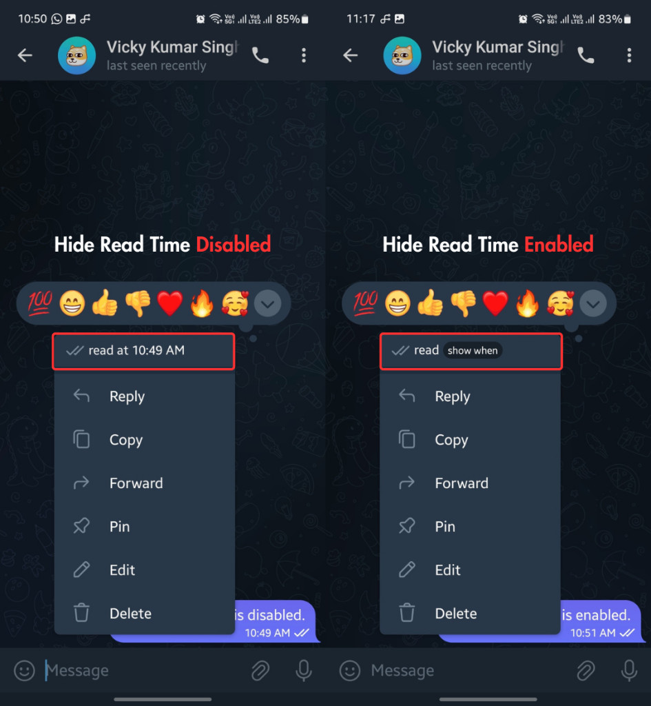 Tùy chọn ẩn thời gian đọc tin nhắn trong cài đặt quyền riêng tư Telegram