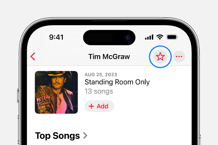 Người dùng nhấn biểu tượng ngôi sao để thêm nghệ sĩ vào danh sách yêu thích trên Apple Music iPhone