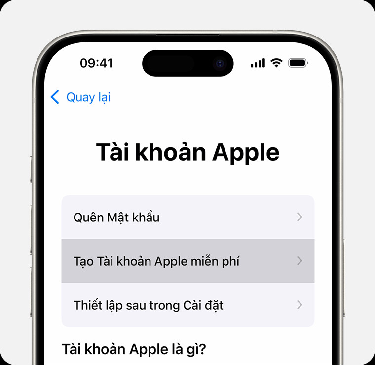 Màn hình iPhone hiển thị tùy chọn 'Tạo Tài khoản Apple miễn phí' trong quá trình thiết lập thiết bị mới