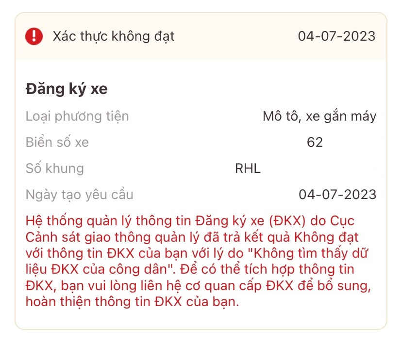 Lỗi không tìm thấy dữ liệu khi tích hợp đăng ký xe vào VNeID
