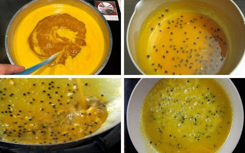 Khuấy đều tay khi thêm bột để sốt chanh dây sánh mịn, không vón cục