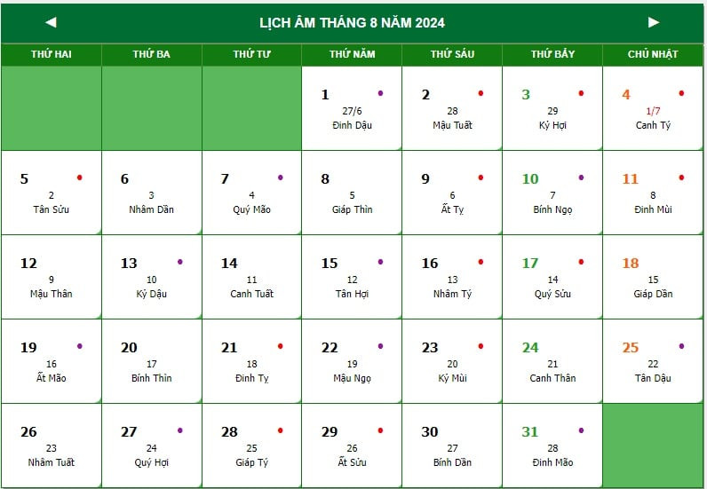 Lịch tháng 8 năm 2024 hiển thị các ngày dương lịch, âm lịch và thứ trong tuần, giúp tra cứu ngày 30/8/2024.