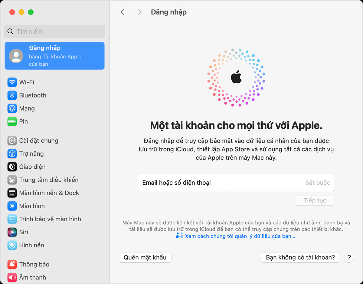 Màn hình Cài đặt hệ thống trên máy Mac, với nút 'Bạn không có tài khoản?' để tạo Apple ID