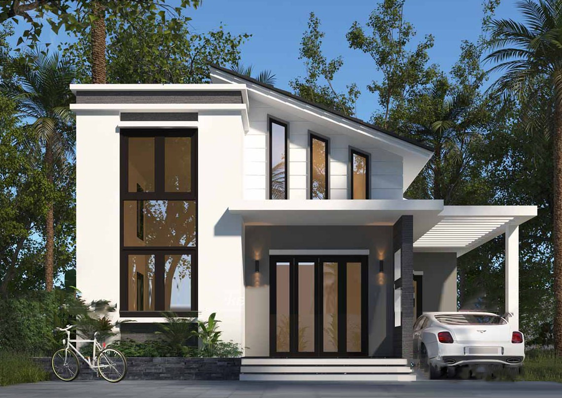 Mẫu nhà cấp 4 gác lửng mái lệch với màu sơn tươi sáng