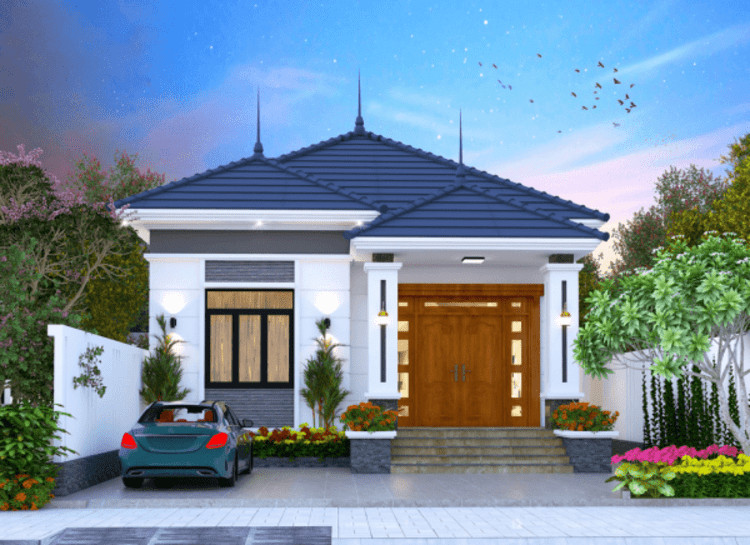Mẫu nhà cấp 4 mái Nhật 3 phòng ngủ 120m2 hiện đại, có tiểu cảnh và chỗ đỗ xe
