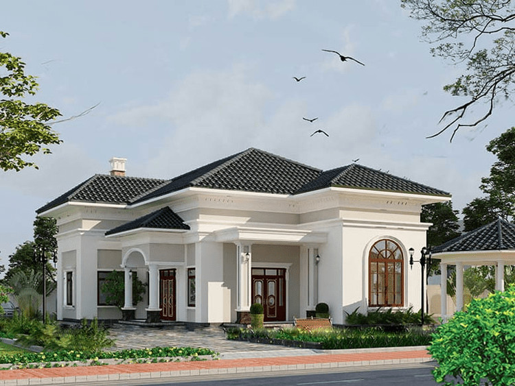 Mẫu nhà cấp 4 mái Nhật 3 phòng ngủ tiện nghi, có ống khói và hai cửa chính