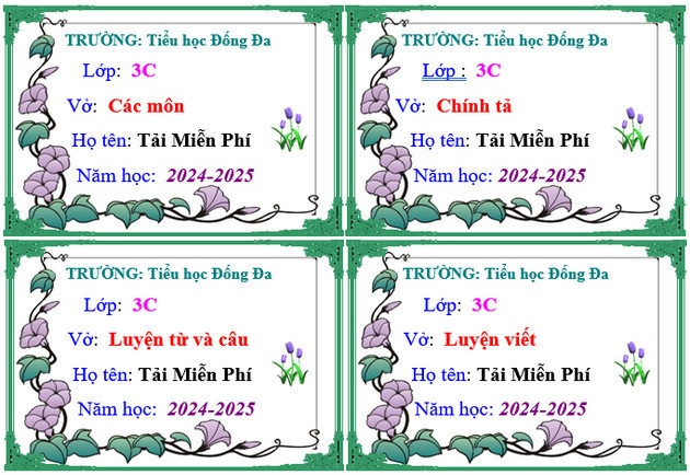 Mẫu nhãn vở đáng yêu dành cho học sinh tiểu học với màu sắc tươi vui và hình ảnh minh họa sinh động