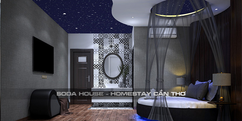 Phòng Couple Room với giường tròn và ghế tình yêu độc đáo tại Soda House Hotel