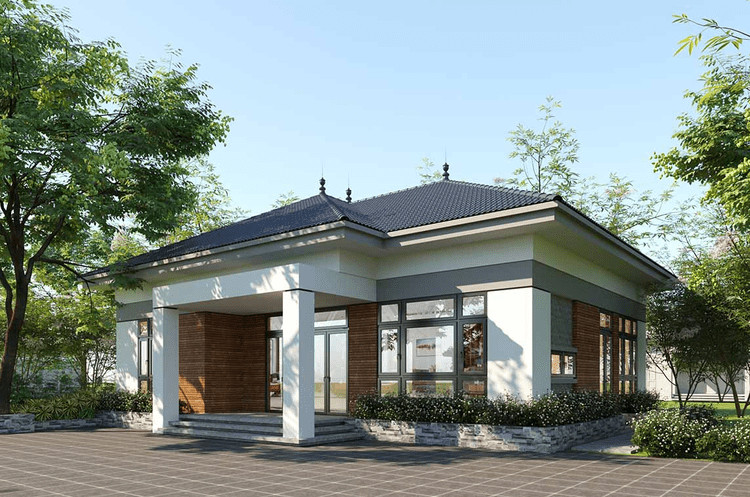 Mẫu nhà cấp 4 mái Nhật 3 phòng ngủ độc đáo với không gian xanh mát