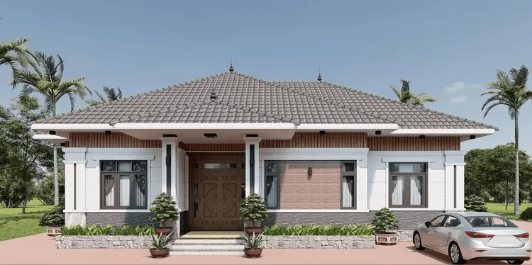 Mẫu nhà mái Nhật 1 tầng ở nông thôn kết hợp sân vườn