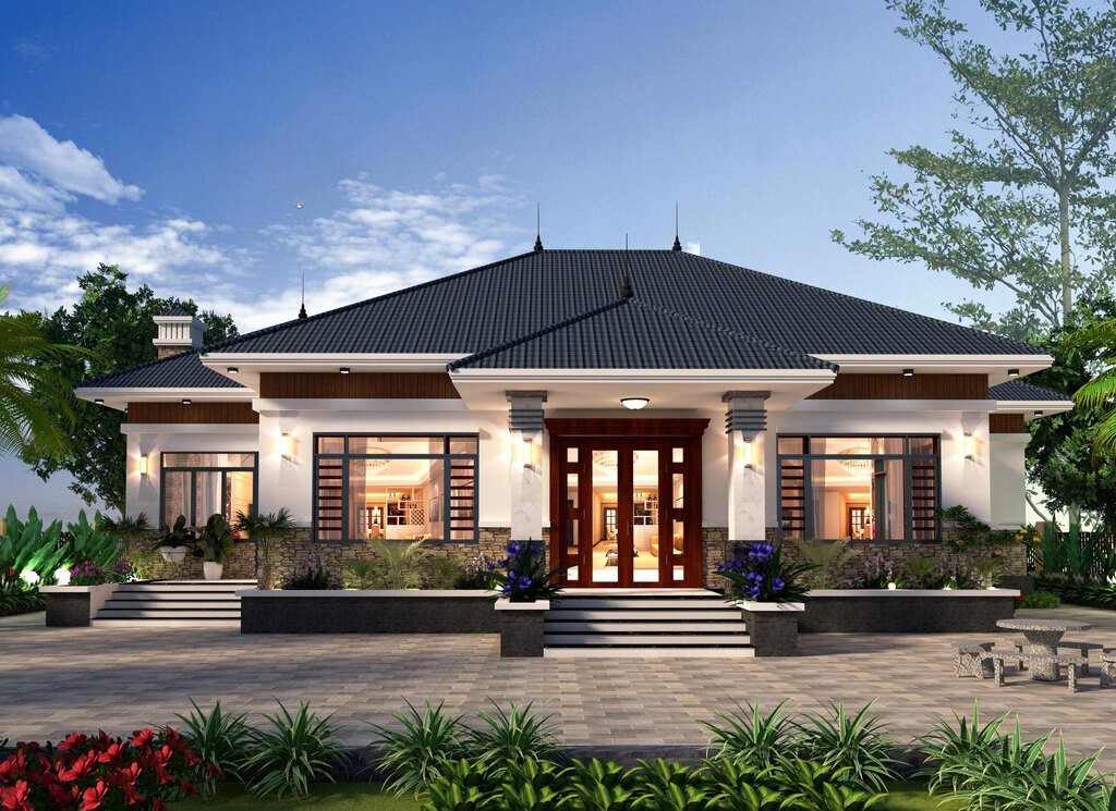 Mẫu nhà mái Nhật 1 tầng có sân vườn