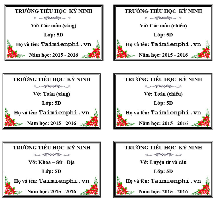 Mẫu nhãn vở đẹp trên Word với hình ảnh hoạt hình ngộ nghĩnh, phù hợp cho các bé tiểu học