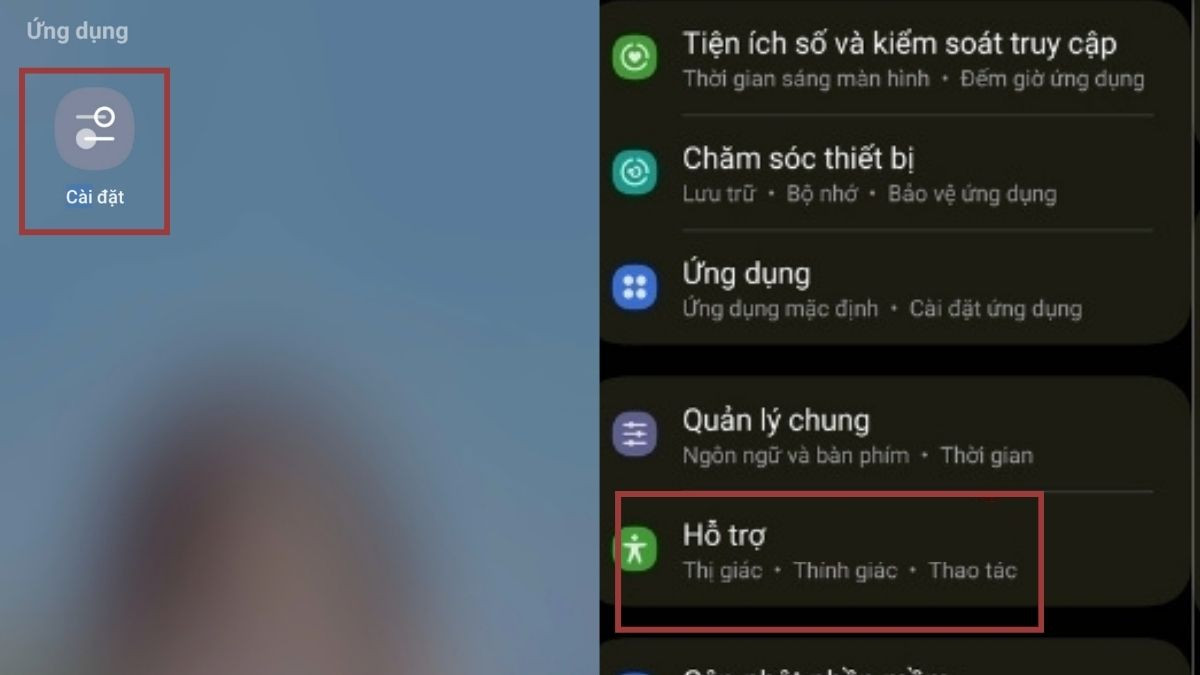 Tắt giọng nói khi gõ bàn phím Samsung: chọn mục Hỗ trợ trong cài đặt