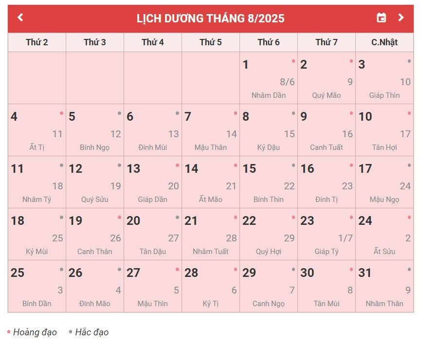 Tháng 8 năm 2025 dương lịch và âm lịch với các ngày tốt và ngày xấu được đánh dấu.