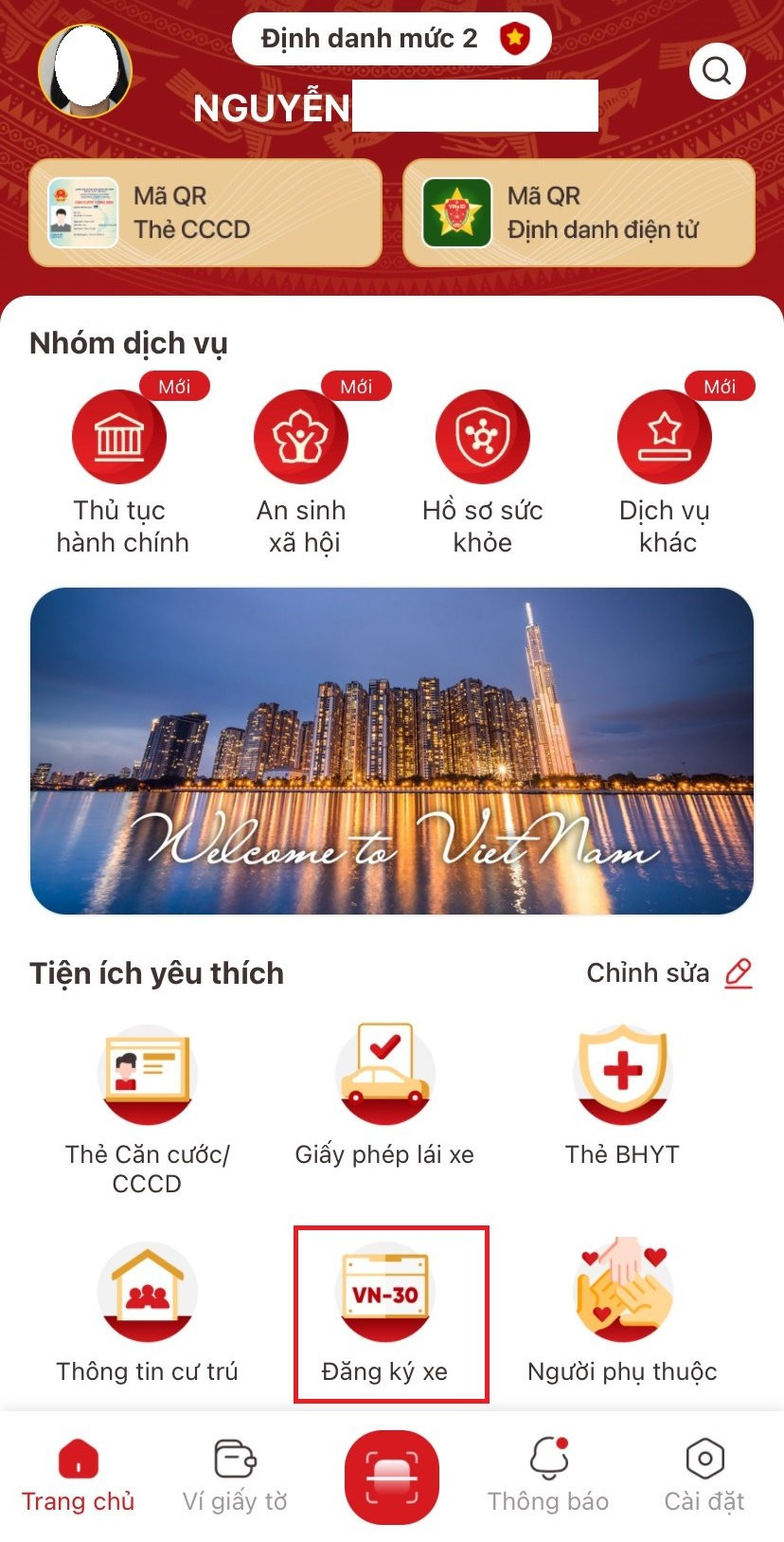 Chọn mục Đăng ký xe trong ứng dụng VNeID để bắt đầu tích hợp