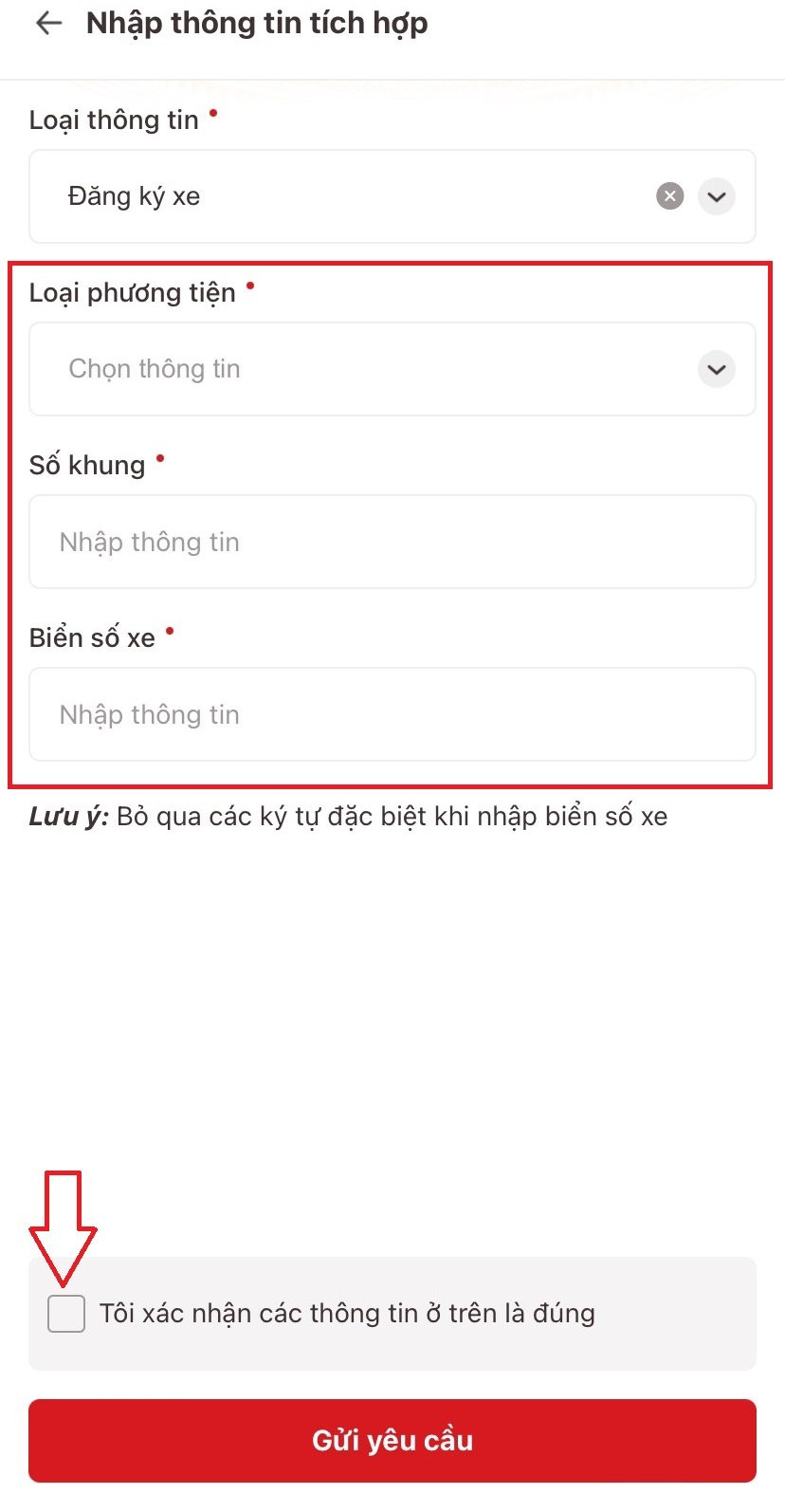 Giao diện nhập thông tin đăng ký xe trên VNeID và gửi yêu cầu