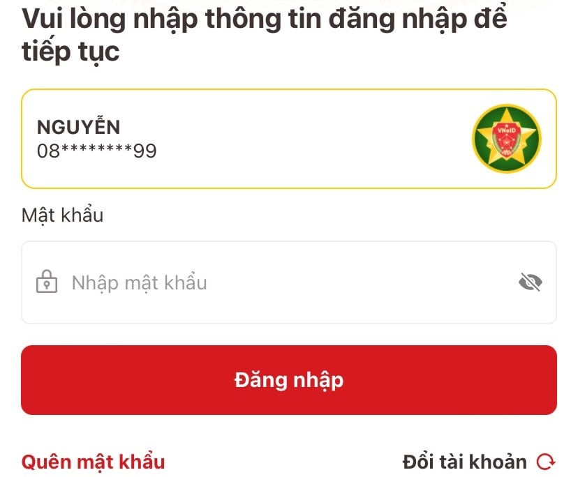 Màn hình đăng nhập ứng dụng VNeID để tích hợp giấy tờ xe