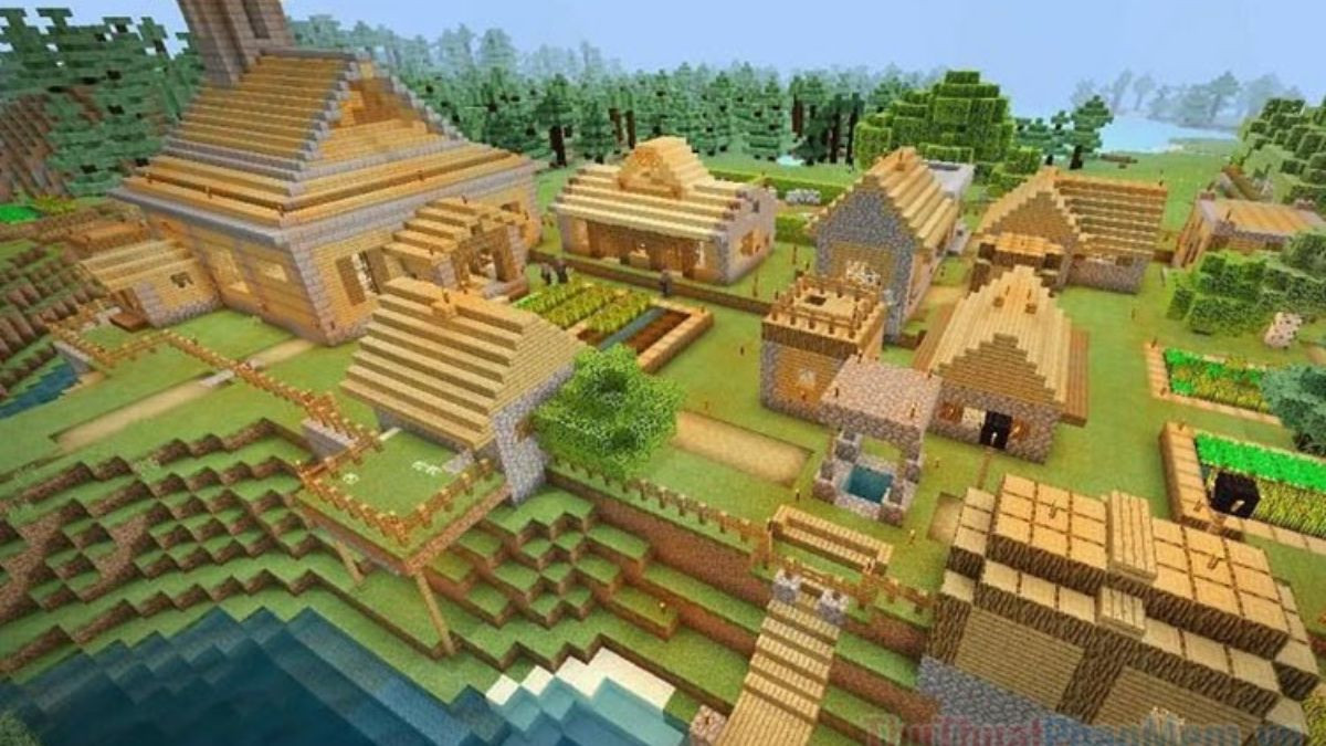 Hình ảnh người chơi Minecraft đứng giữa một ngôi làng với các kiến trúc và dân làng, minh họa lý do cần tìm làng trong game.