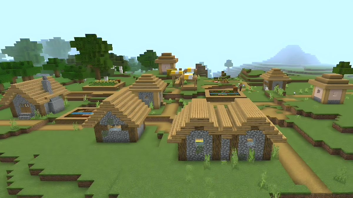Cảnh quan Minecraft với địa hình núi rừng hiểm trở, minh họa khu vực không nên tìm làng để tiết kiệm thời gian và tránh nguy hiểm.