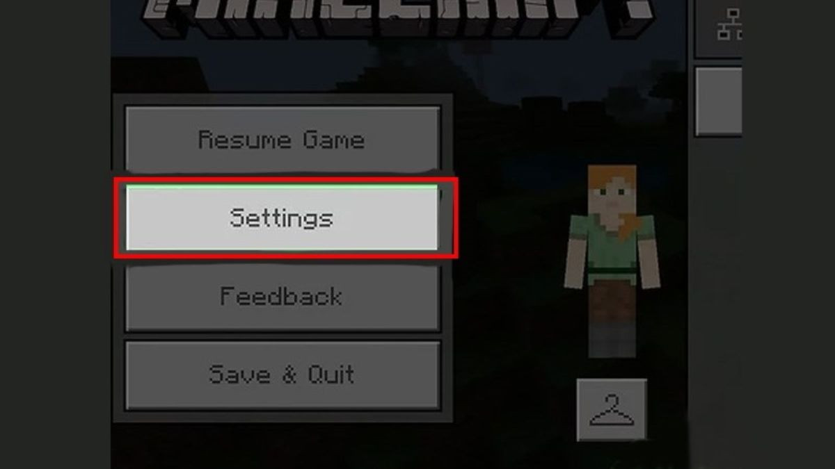 Cửa sổ menu tạm dừng trong Minecraft trên điện thoại, hiển thị tùy chọn 'Settings' để truy cập cài đặt game.