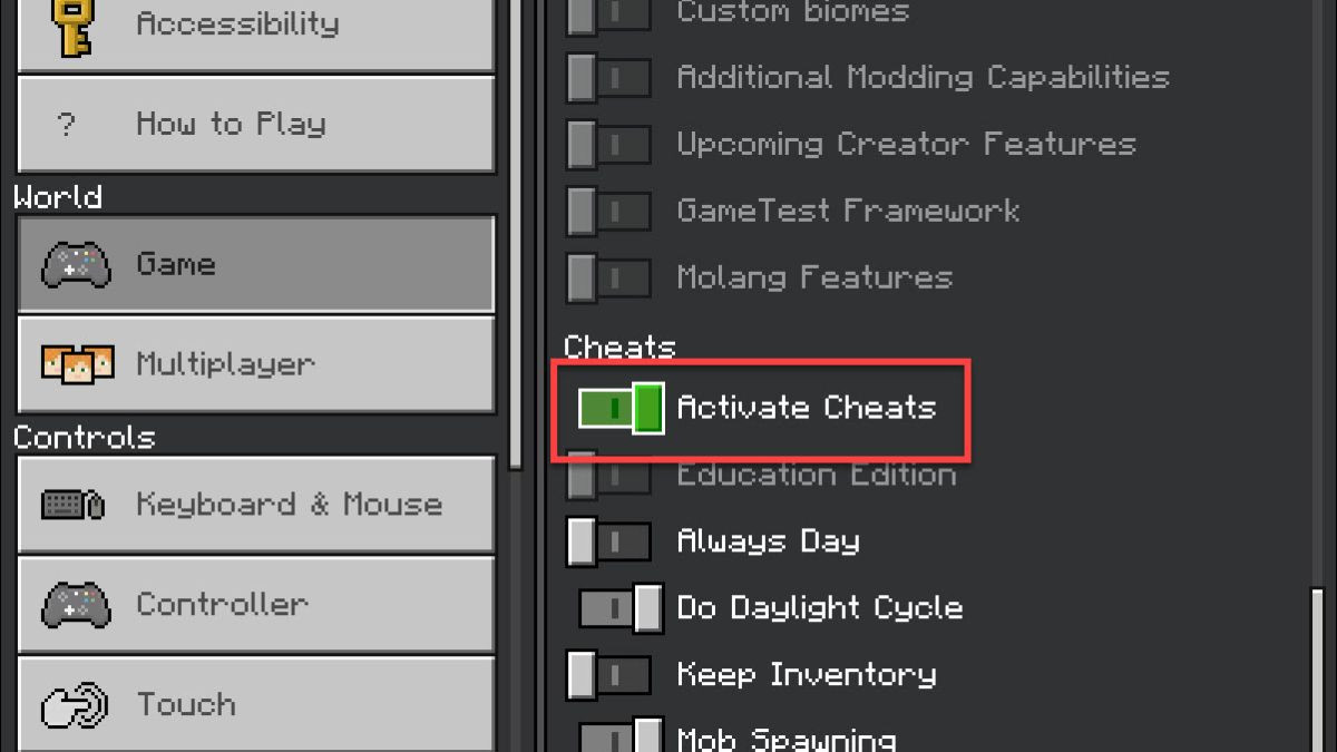 Giao diện cài đặt game Minecraft trên điện thoại, với tùy chọn 'Activate Cheats' được bật, chuẩn bị sử dụng lệnh tìm làng.