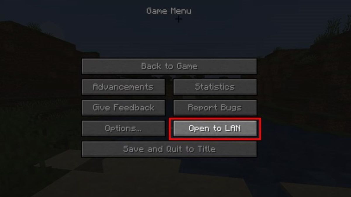 Cửa sổ menu Minecraft trên máy tính, với tùy chọn 'Open to LAN' được chọn để kích hoạt chế độ gian lận.