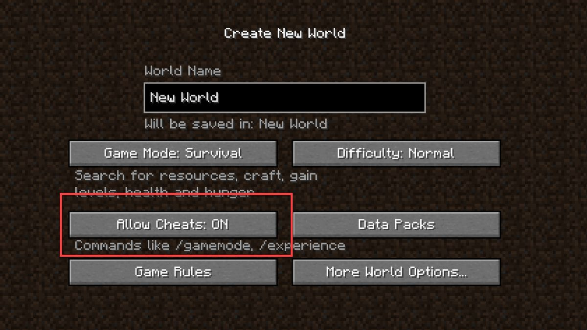 Cài đặt 'Allow Cheats: ON' trong Minecraft trên máy tính, cho phép người chơi sử dụng lệnh trong game.
