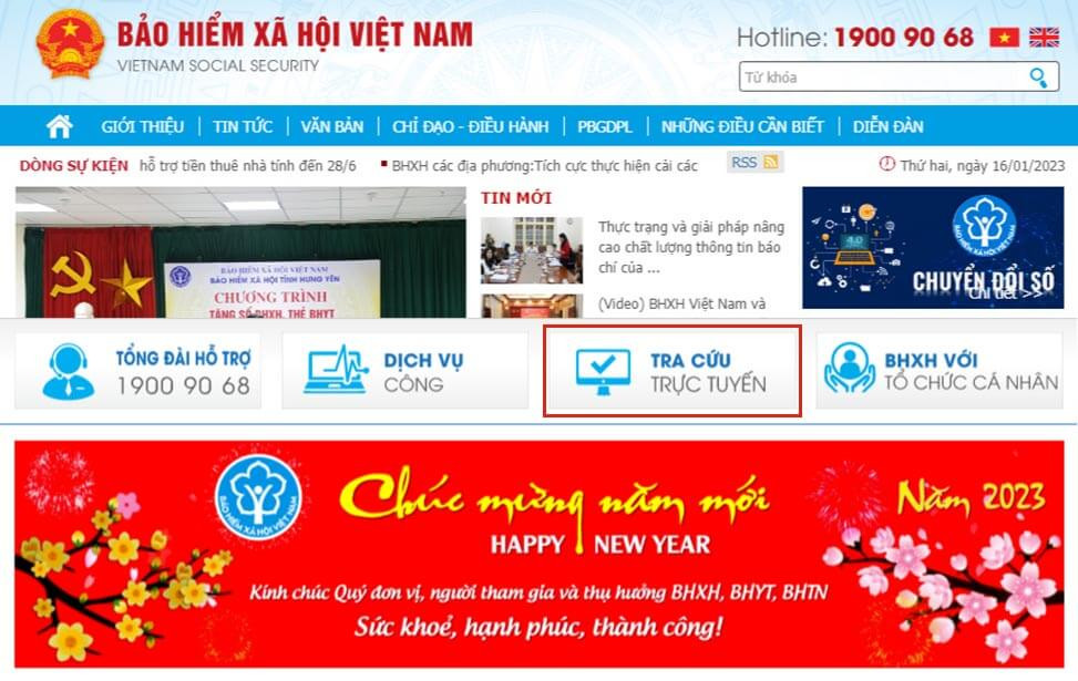 Giao diện Cổng thông tin BHXH Việt Nam để tra cứu mã hộ gia đình