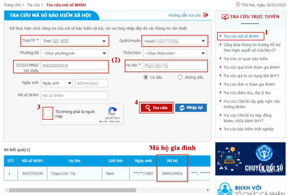 Hướng dẫn các bước tra cứu mã hộ gia đình trực tuyến