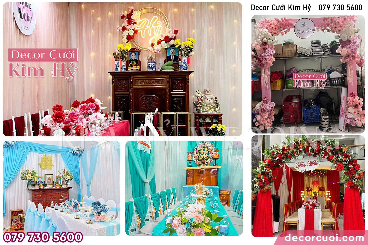 Dịch vụ trang trí gia tiên trọn gói với các hạng mục cổng hoa, backdrop và bàn hai họ.