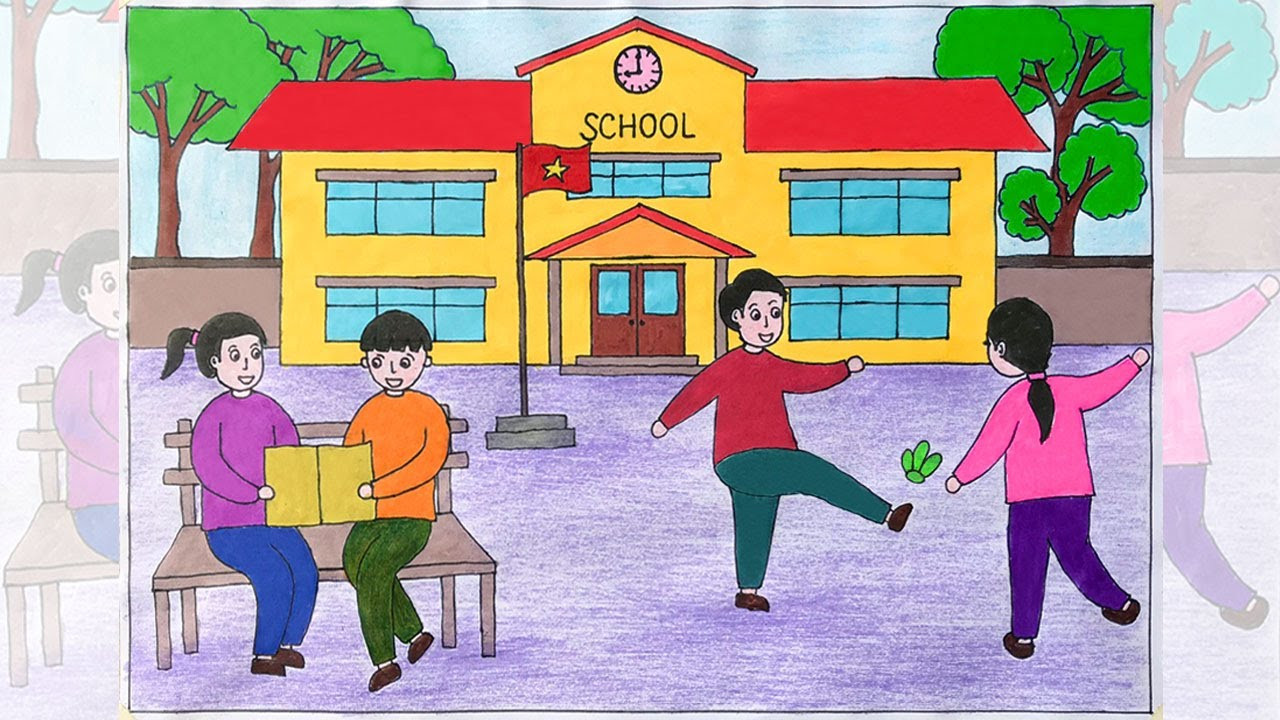 Vẽ trường học đơn giản, hình ảnh ngôi trường và học sinh, rèn luyện kỹ năng mỹ thuật cho trẻ